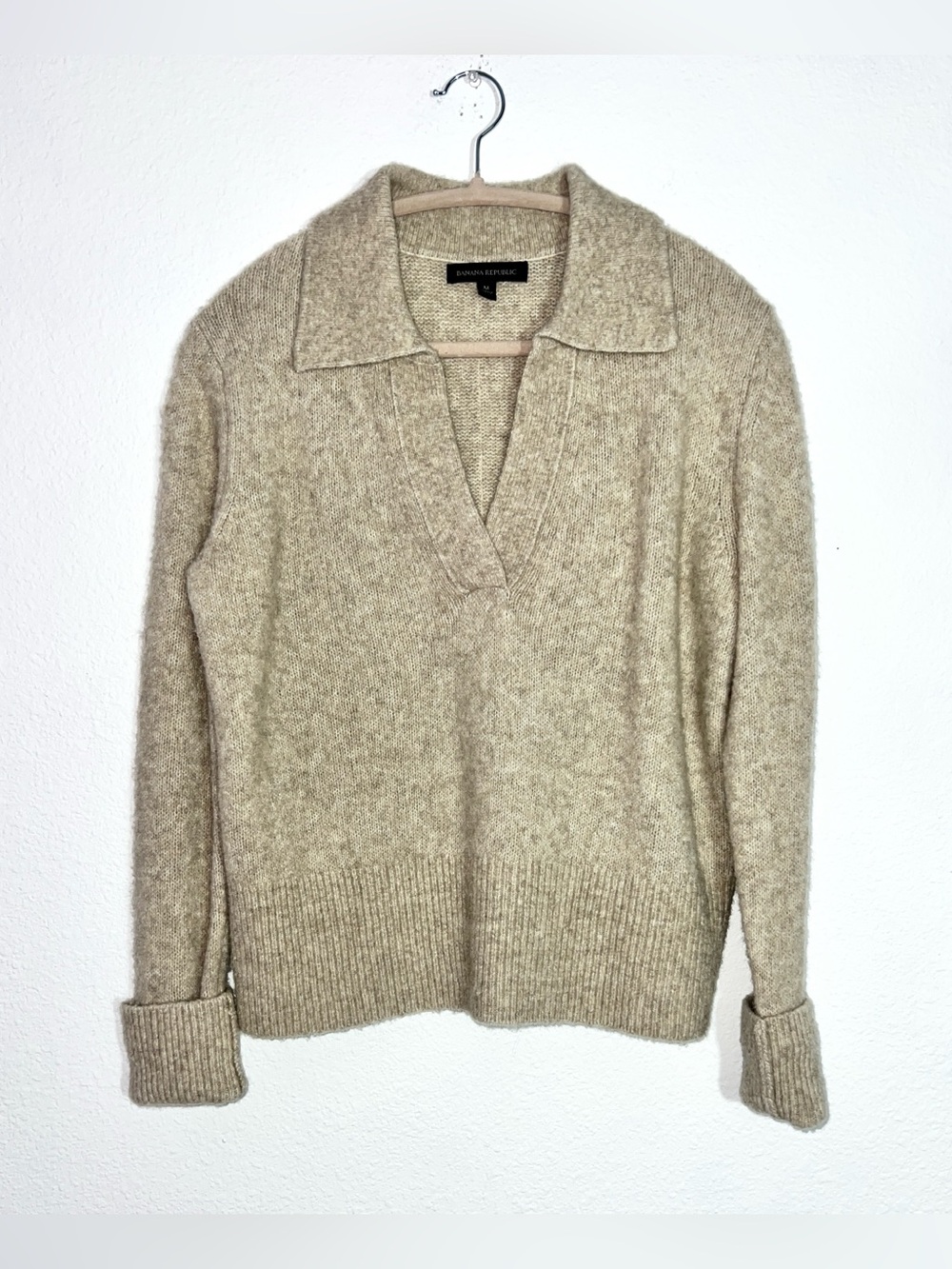 Banana Republic Wool Yak Blend Open Collared V-Neck Sweater Beige Medium